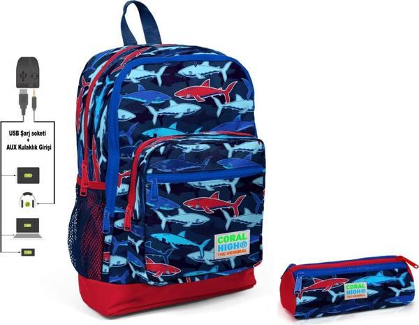 Coral High Köpekbalığı Baskılı İlkokul Sırt Çantası ve Kalemlik Seti - Erkek Çocuk - USB Soketli - Image 1