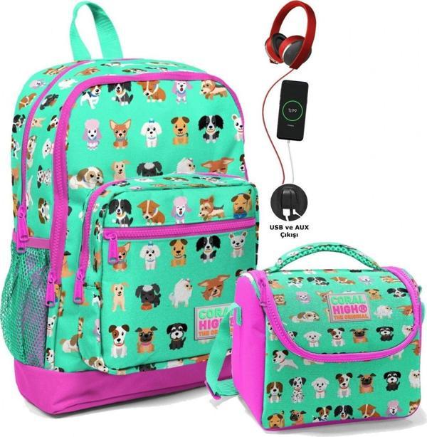 Coral High Okul Çantası ve Beslenme Çantası Seti - Kız Çocuk Yeşil Pembe Köpek - USB Soketli - Image 1