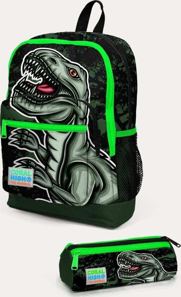 Coral High Koyu Yeşil Siyah Dinazor Desenli 2'li Okul Çanta Seti - Erkek Çocuk - Image 1