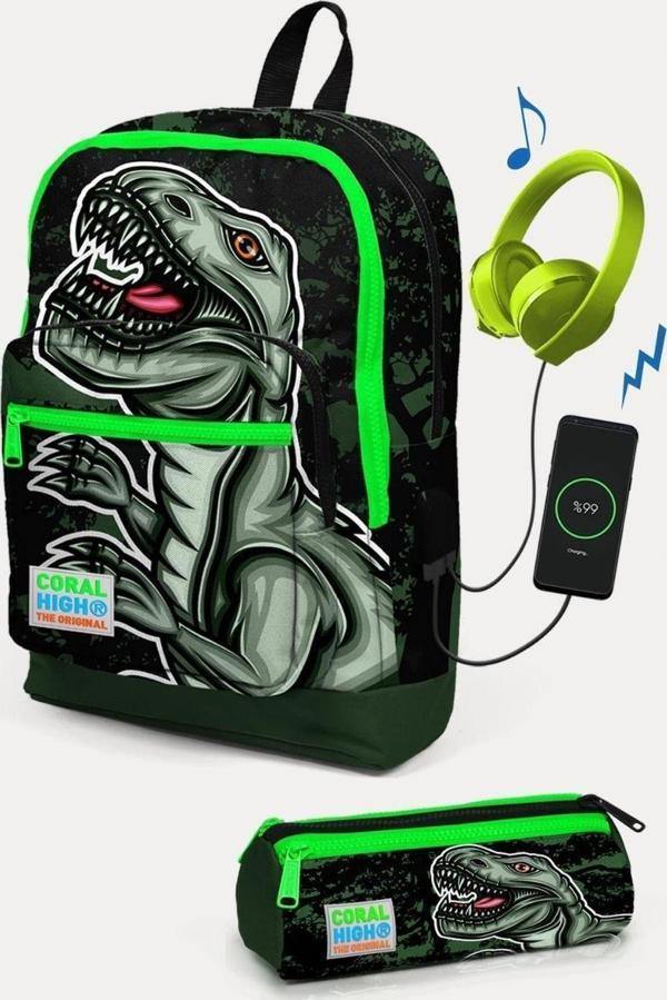 Coral High Koyu Yeşil Siyah Dinazor Desenli USB'li 2'li Okul Çanta Seti - Erkek Çocuk - Image 1