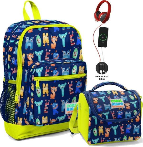 Coral High Okul Çantası ve Termal Beslenme Çanta Seti - Erkek Çocuk Sevimli Harfler USB ve AUX Çıkışlı - Image 1