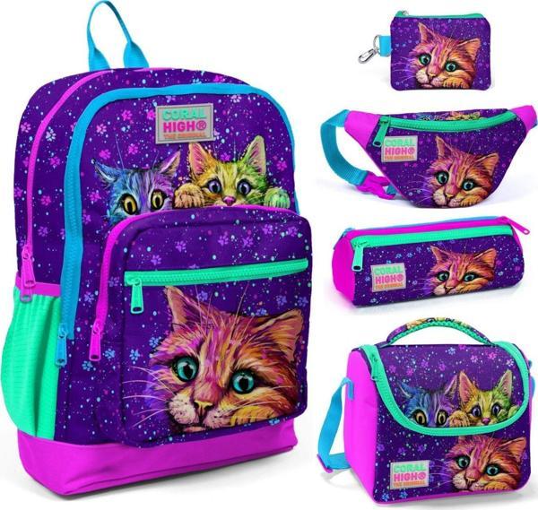 Coral High Mor Kedi Beşli Okul ve Günlük Çanta Seti - Image 1