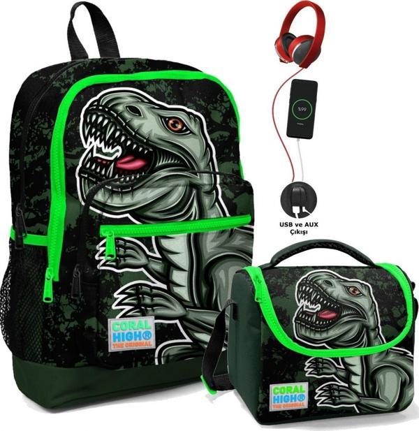 Coral High Okul Çantası ve Termal Beslenme Çanta Seti - Erkek Çocuk Yeşil Dinazor USB ve AUX Çıkışlı - Image 1