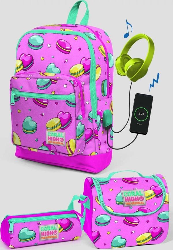 Coral High Pembe Makaron Desenli Okul Çanta Seti - Kız Çocuk - Image 1