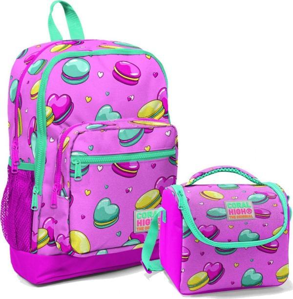 Coral High Pembe Makaron Kız Çocuk İlköğretim Okul Sırt Çantası ve Beslenme Çanta Seti - Image 1