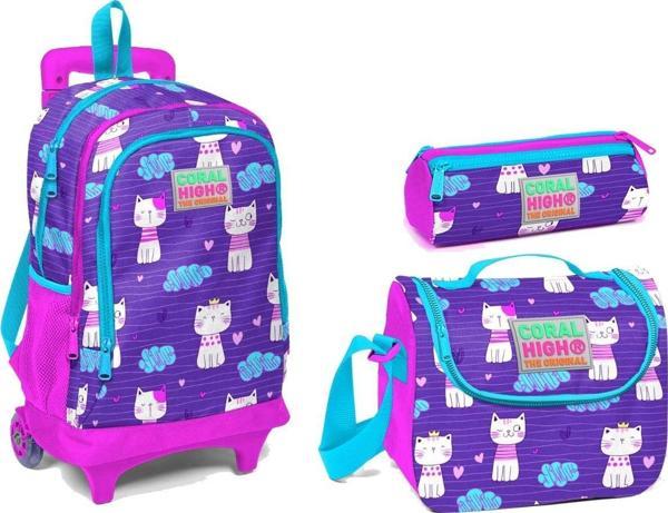 Coral High Mor Kedi Desenli Çekçek Tekerlekli Okul Çanta Seti - Image 1