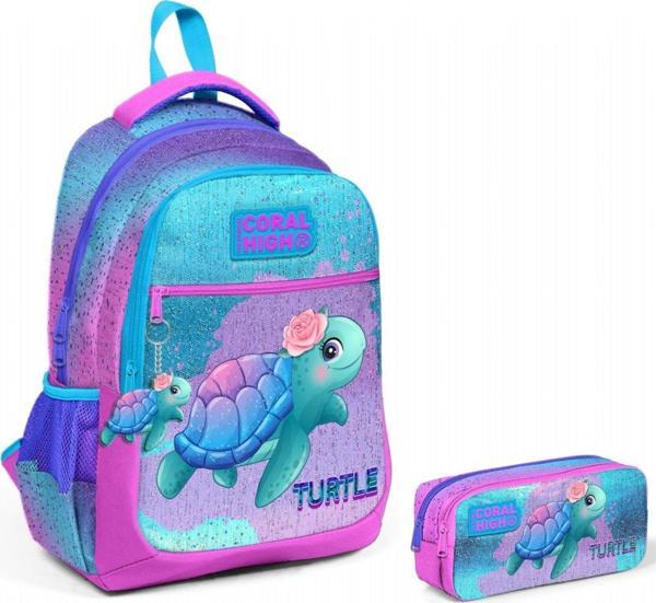 Coral High Pembe Mavi Kaplumbağa İlkokul Ortaokul Sırt Çantası ve Kalemlik Seti - Image 1