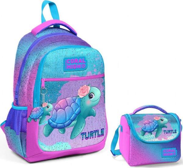 Coral High Pembe Mavi Kaplumbağa Okul Sırt ve Beslenme Çantası Seti - Kız Çocuk - Image 1