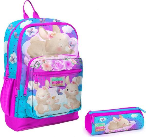 Coral High Pembe Mavi Tavşan İlkokul Sırt Çantası ve Kalemlik Seti - Image 1