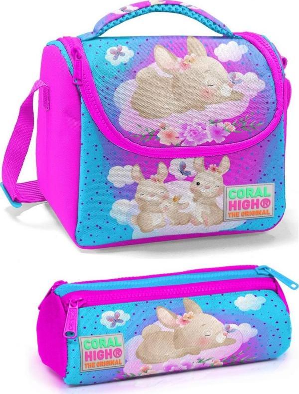 Coral High Pembe Mavi Tavşan Kız Çocuk Beslenme Çantası Seti - Image 1