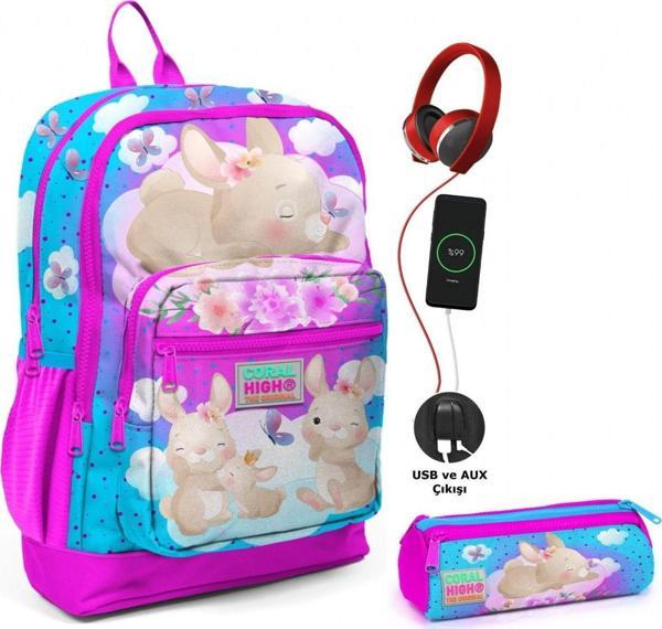 Coral High Pembe Mavi Tavşan USB Soketli Okul Çantası ve Kalemlik Seti - Kız Çocuk - Image 1