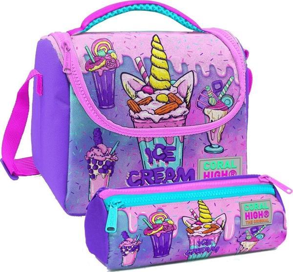 Coral High Pembe Mor Dondurma Desenli Kız Çocuk Isı Yalıtımlı Beslenme Çantası ve Kalemlik Seti - Image 1