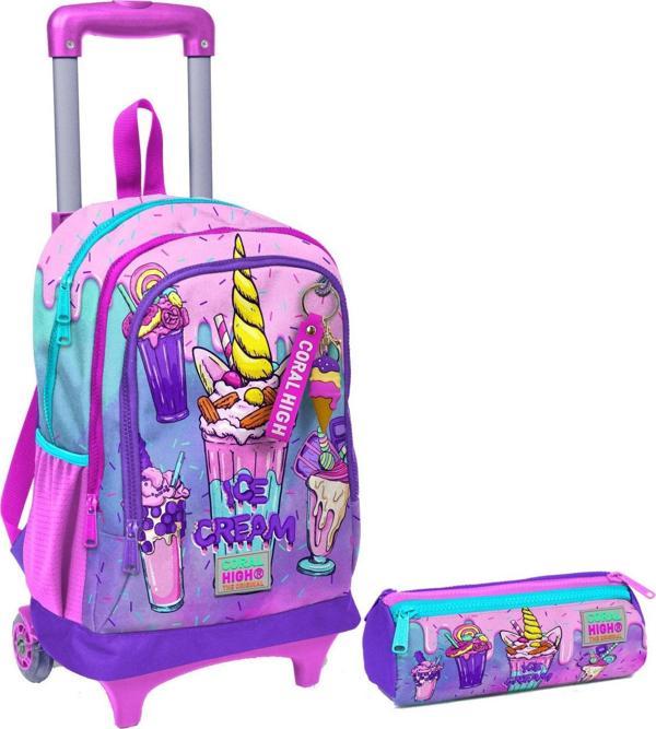 Coral High Pembe Mor Dondurma Işıklı Tekerlekli Çekçek Çanta ve Kalemlik Seti - Kız Çocuk - Image 1
