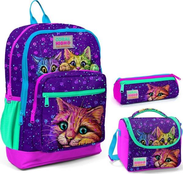 Coral High Mor Kedi Üçlü İlkokul Okul Çanta Seti - Image 1
