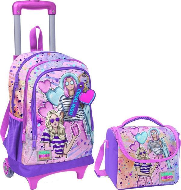Coral High Pembe Mor Fashion Girl Işıklı Tekerlekli Okul Çantası ve Beslenme Seti - Kız Çocuk - Image 1