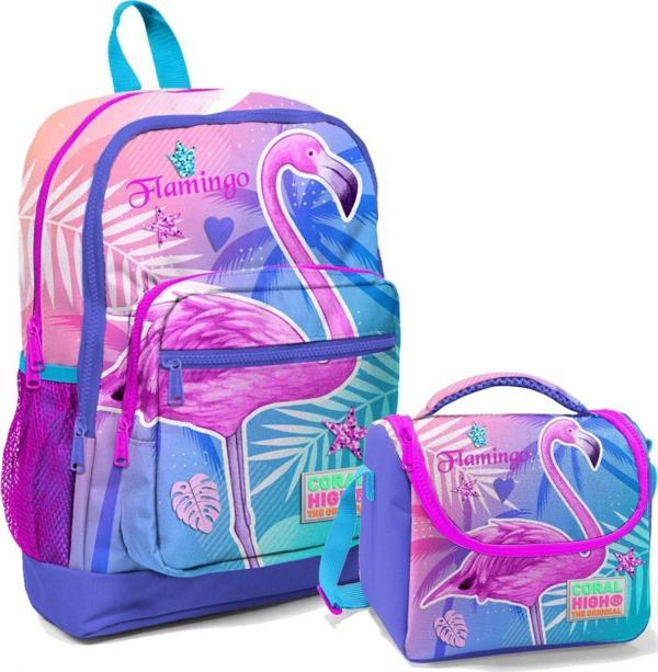 Coral High Pembe Mor Flamingo Kız Çocuk İlköğretim Okul Sırt Çantası ve Beslenme Çanta Seti - Image 1