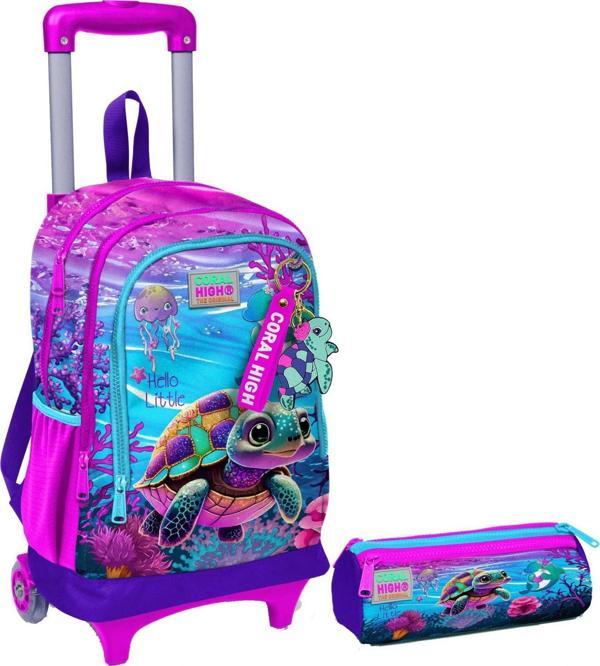 Coral High Pembe Mor Kaplumbağa Işıklı Tekerlekli Çekçek Çanta ve Kalemlik Seti - Kız Çocuk - Image 1