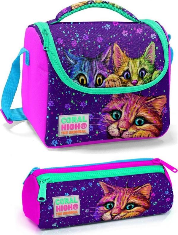 Coral High Pembe Mor Kedi Kız Çocuk Beslenme Çantası Seti - Image 1