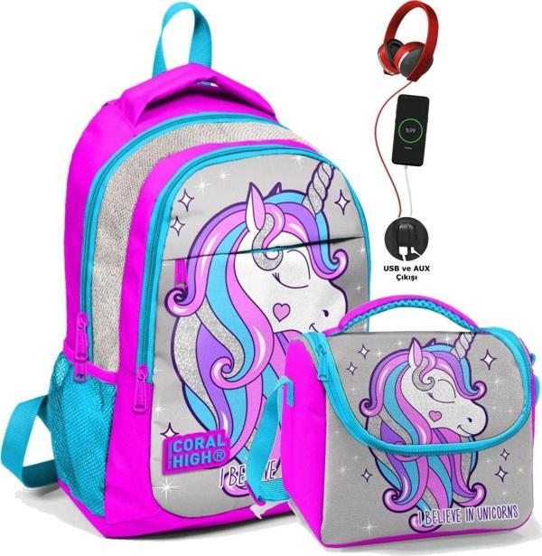 Coral High Okul Sırt Çantası ve Beslenme Çantası Seti - Kız Çocuk Pembe Unicorn - USB Soketli - Image 1