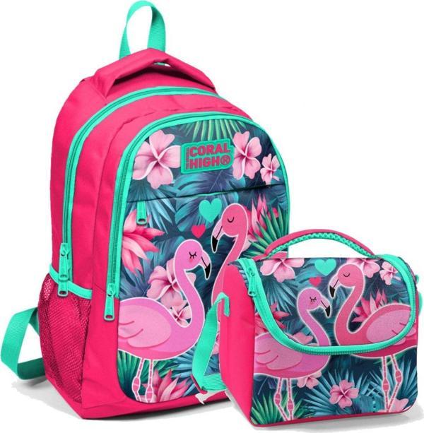 Coral High Okul Sırt Çantası ve Beslenme Çantası Seti Kız Çocuk Pembe Flamingo - Image 1
