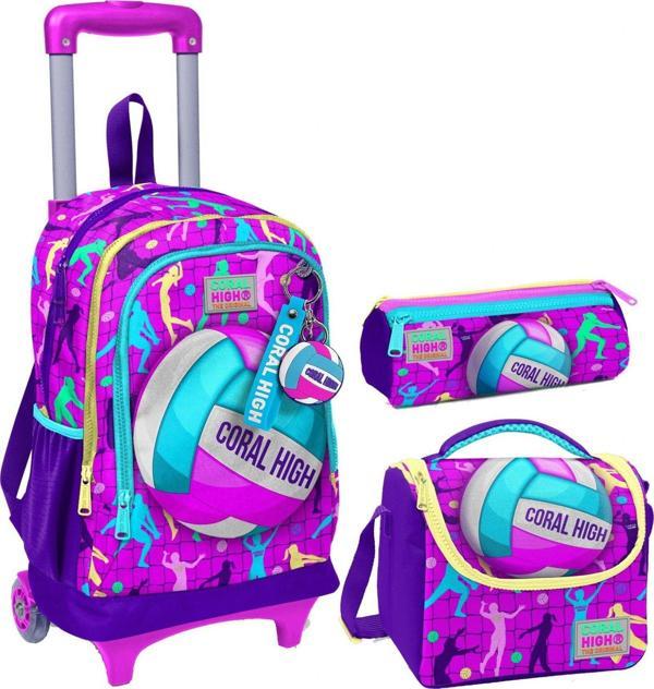 Coral High Pembe Mor Voleybol Üçlü Çekçek Işıklı Tekerlekli Çanta Seti - Kız Çocuk - Image 1