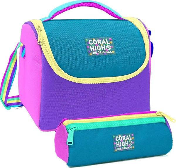 Coral High Pembe Pastel Renkli Desenli Kız Çocuk Isı Yalıtımlı Beslenme Çantası ve Kalemlik Seti - Image 1