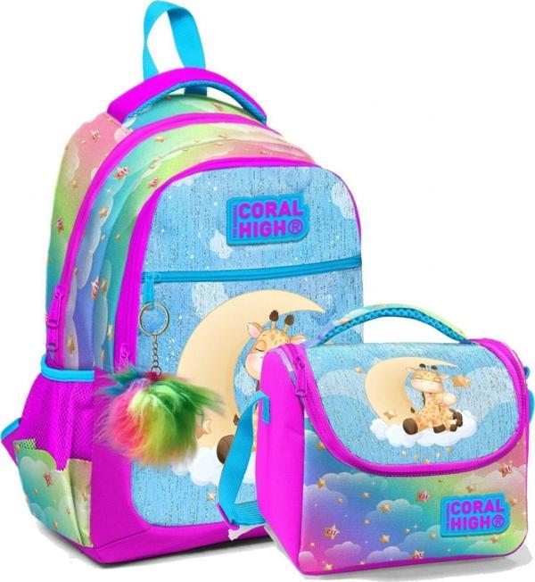 Coral High Okul Sırt ve Beslenme Çantası Seti - Kız Çocuk Pembe Mavi Zürafa - Image 1