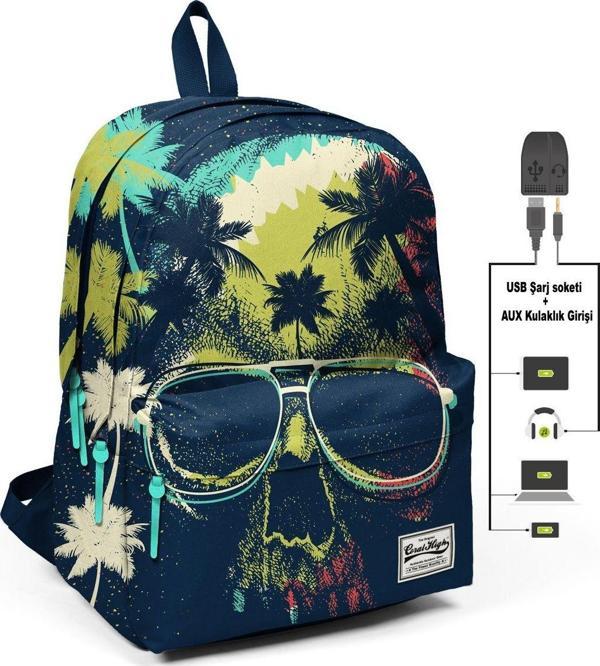 Coral High Lacivert Kurukafa Üç Gözlü Okul ve Günlük Sırt Çantası - USB+AUX Soketli - Image 1