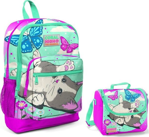 Coral High Pembe Sevimli Kedi ve Kelebek İlkokul Çantası ve Beslenme Seti - Image 1