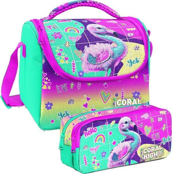 Coral High Pembe Su Yeşili Flamingo Desenli Kız Çocuk Isı Yalıtımlı Beslenme Çantası ve Kalemlik Seti - Image 1