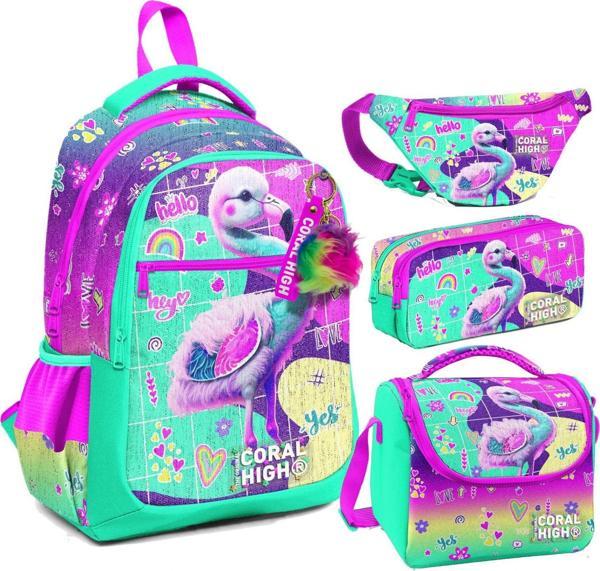 Coral High Pembe Su Yeşili Flamingo Desenli Kız Çocuk Okul Beslenme Kalemlik ve Bel Çantası Seti - İlkokul İçin Uygun - Image 1