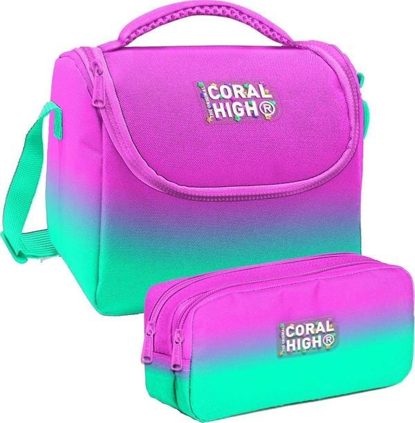 Coral High Pembe Su Yeşili Renk Geçişli Desenli Kız Çocuk Isı Yalıtımlı Beslenme Çantası ve Kalemlik Seti - Image 1