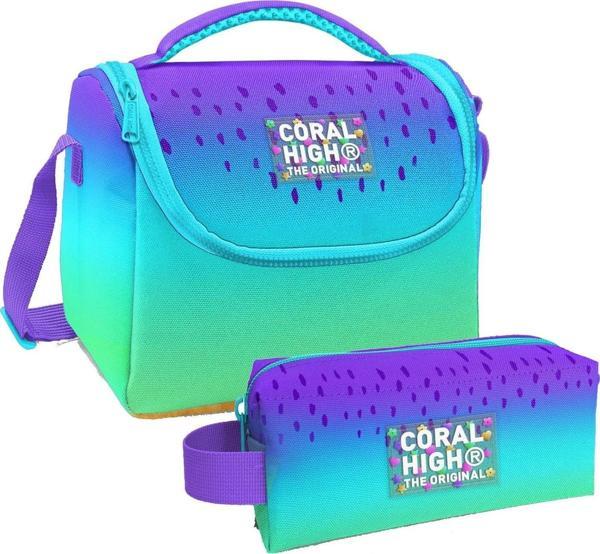Coral High Mor Lila Renk Geçişli Desenli Kız Çocuk Isı Yalıtımlı Beslenme Çantası ve Kalemlik Seti - Image 1