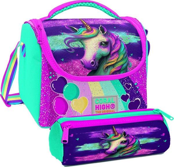 Coral High Pembe Su Yeşili Unicorn Desenli Kız Çocuk Isı Yalıtımlı Beslenme Çantası ve Kalemlik Seti - Image 1