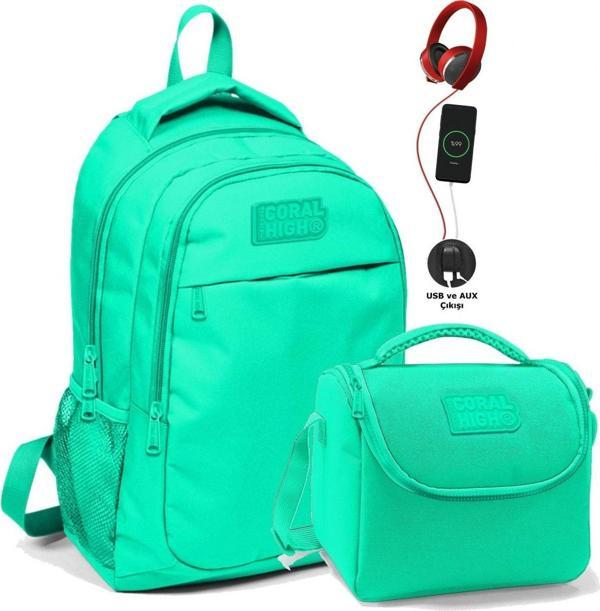 Coral High Okul ve Beslenme Çantası Seti - Kız Çocuk Su Yeşili - USB Soketli - Image 1