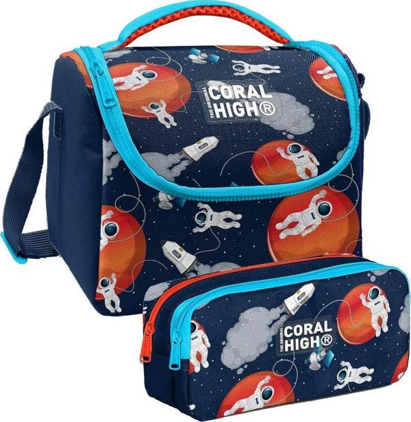 Coral High Lacivert Mavi Astronot Desenli Erkek Çocuk Isı Yalıtımlı Beslenme Çantası ve Kalemlik Seti - Image 1