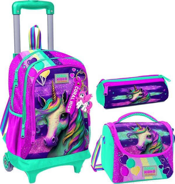 Coral High Pembe Su Yeşili Unicorn Üçlü Çekçek Işıklı Tekerlekli Çanta Seti - Kız Çocuk - Image 1
