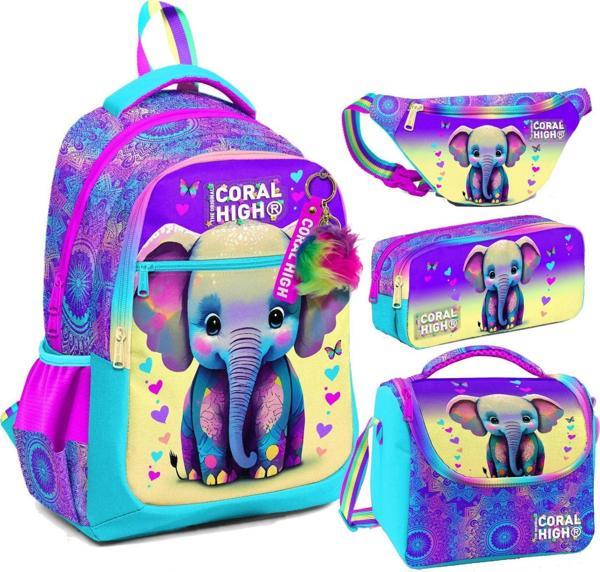 Coral High Pembe Turkuaz Fil Desenli Kız Çocuk Okul Beslenme Kalemlik ve Bel Çantası Seti - İlkokul İçin Uygun - Image 1