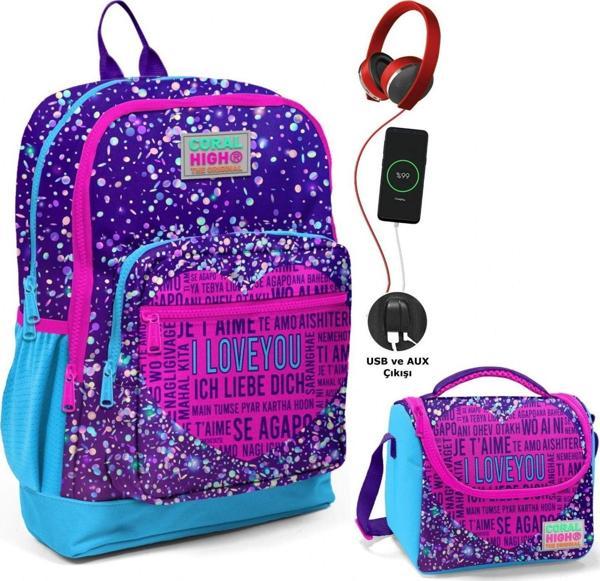 Coral High Mor Mavi Kalp Okul ve Beslenme Çantası Seti - Usb Soketli - Kız Çocuk - Image 1