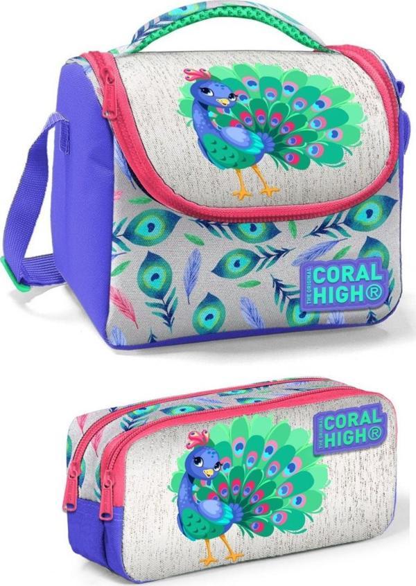 Coral High Pembe Yeşil Tavuskuşu Kız Çocuk Beslenme Çantası Seti - Image 1