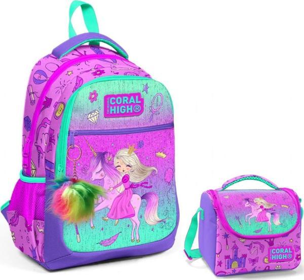 Coral High Pembe Yeşil Unicorn ve Prenses Okul Sırt ve Beslenme Çantası Seti - Kız Çocuk - Image 1