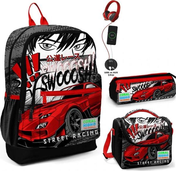 Coral High Siyah Kırmızı Araba USB Soketli Üçlü İlkokul Çanta Seti - Erkek Çocuk - Image 1
