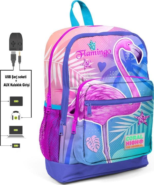 Coral High Pembe-Mavi Flamingo Baskılı İlkokul ve Günlük Sırt Çantası - Kız Çocuk - USB ve AUX Soketli - Image 1