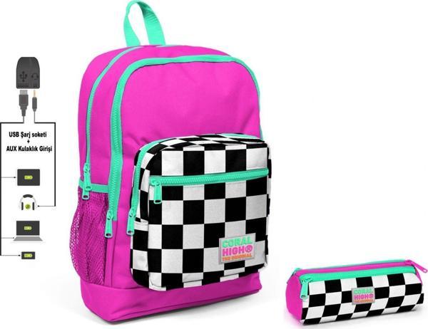 Coral High Pembe Damalı İlkokul Sırt Çantası ve Kalemlik Seti - Kız Çocuk - USB Soketli - Image 1