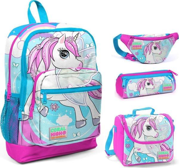 Coral High Pembe-Mavi Unicorn Baskılı Kız Çocuk 4'lü İlkokul Çanta Seti - Image 1