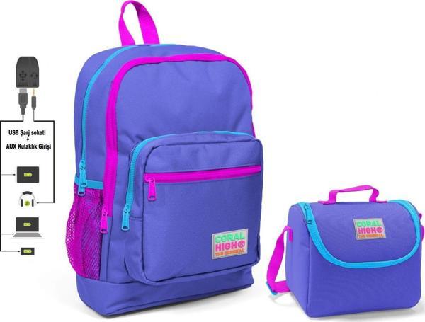 Coral High Mor Okul Çantası ve Beslenme Çantası Seti - Kız Çocuk - USB Soketli - Image 1