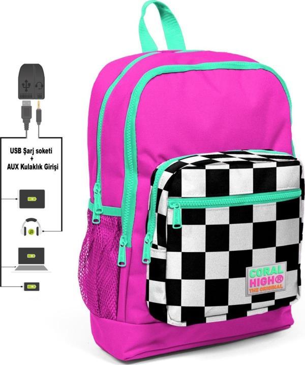 Coral High Pembe Damalı İlkokul ve Günlük Sırt Çantası - Kız Çocuk - USB ve AUX Soketli - Image 1