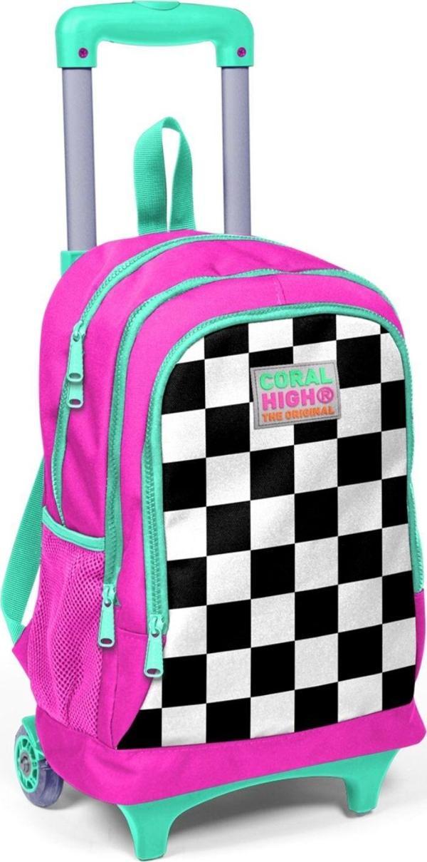 Coral High Pembe Damalı Işıklı Tekerlekli Çekçek Okul Çantası - Kız Çocuk - Image 1