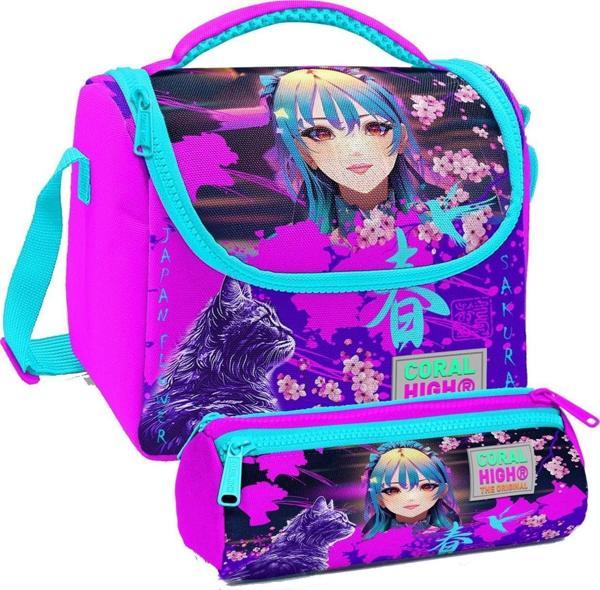 Coral High Mor Pembe Anime Kedi Desenli Kız Çocuk Isı Yalıtımlı Beslenme Çantası ve Kalemlik Seti - Image 1