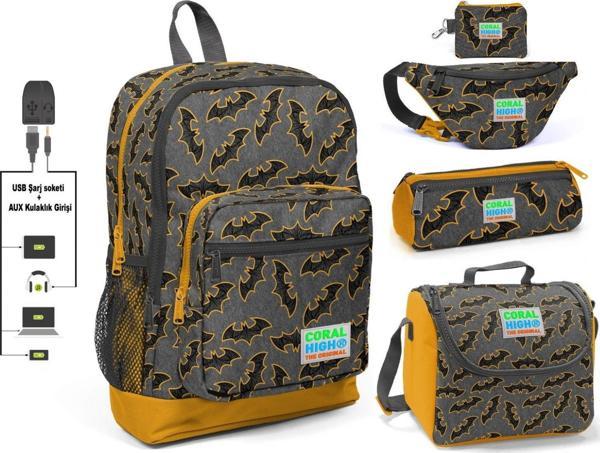 Coral High Yarasa Baskılı Erkek Çocuk İlkokul 5'li Çanta Seti - USB Soketli - Image 1